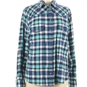Western Snap Front Cotton Collar Shirt Blue Green White Plaid Size Small